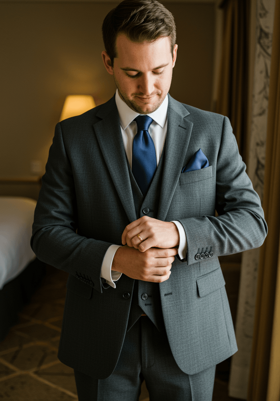Groom adjusting silver cufflinks whilst wearing elegant charcoal grey wool suit with navy silk tie in golden hour hotel suite