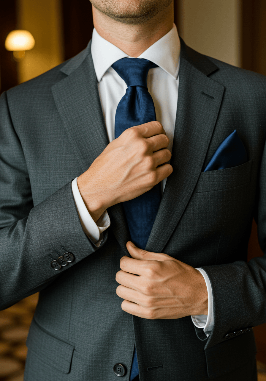 Close-up of groom's hands adjusting navy silk tie against crisp white dress shirt and charcoal grey suit jacket