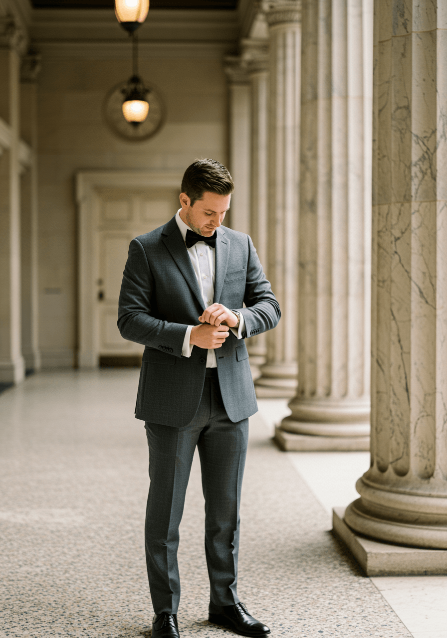 Groom adjusting cufflinks wearing smoke grey wool suit with luxurious black velvet bow tie in marble-floored foyer with classical columns