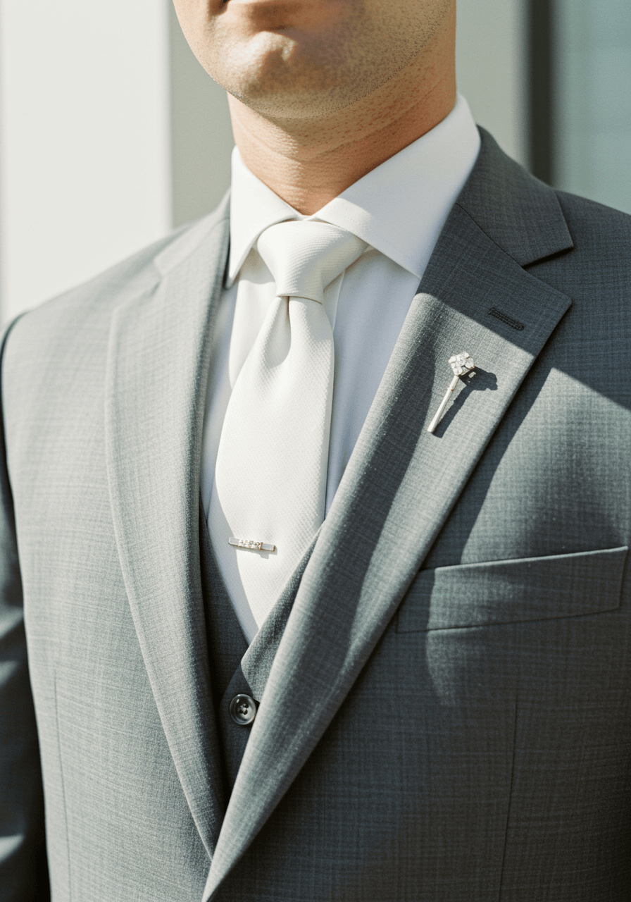Close-up of groom's platinum grey suit jacket with gleaming diamond tie pin against minimalist white architectural backdrop