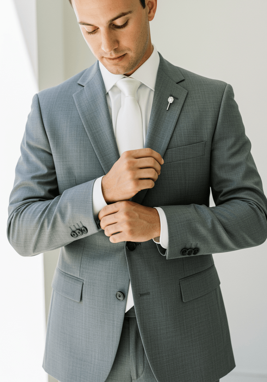 Wide angle shot of groom in platinum grey peaked lapel suit with diamond tie pin standing confidently against clean modern architecture