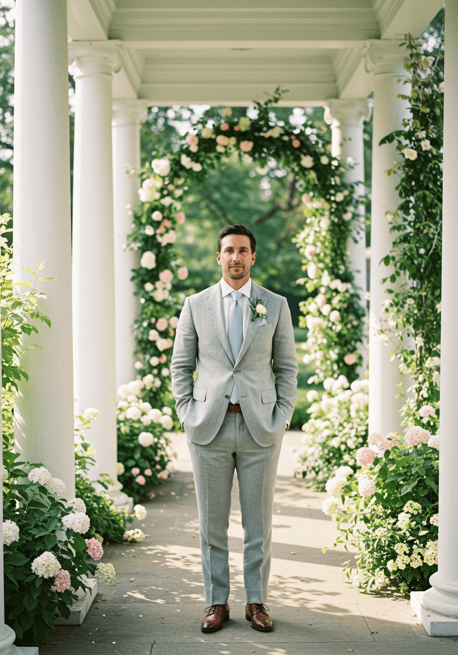 Groom in dove grey linen suit with light blue tie standing in sunlit garden pavilion with blooming flowers during golden hour