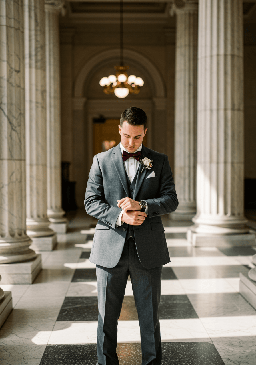 Groom adjusting cufflinks wearing sophisticated slate grey wool suit with burgundy silk bow tie in marble-columned venue