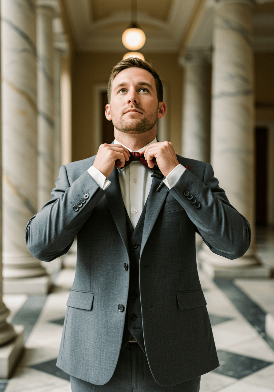 Close-up detail of groom's hands and burgundy bow tie against slate grey suit jacket in classical architectural setting
