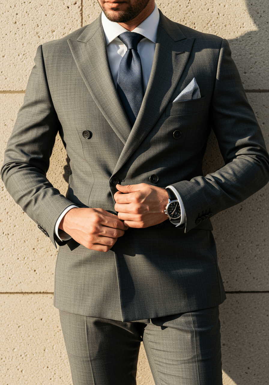 Groom buttoning ash grey double-breasted suit jacket against minimalist stone wall backdrop during golden hour lighting