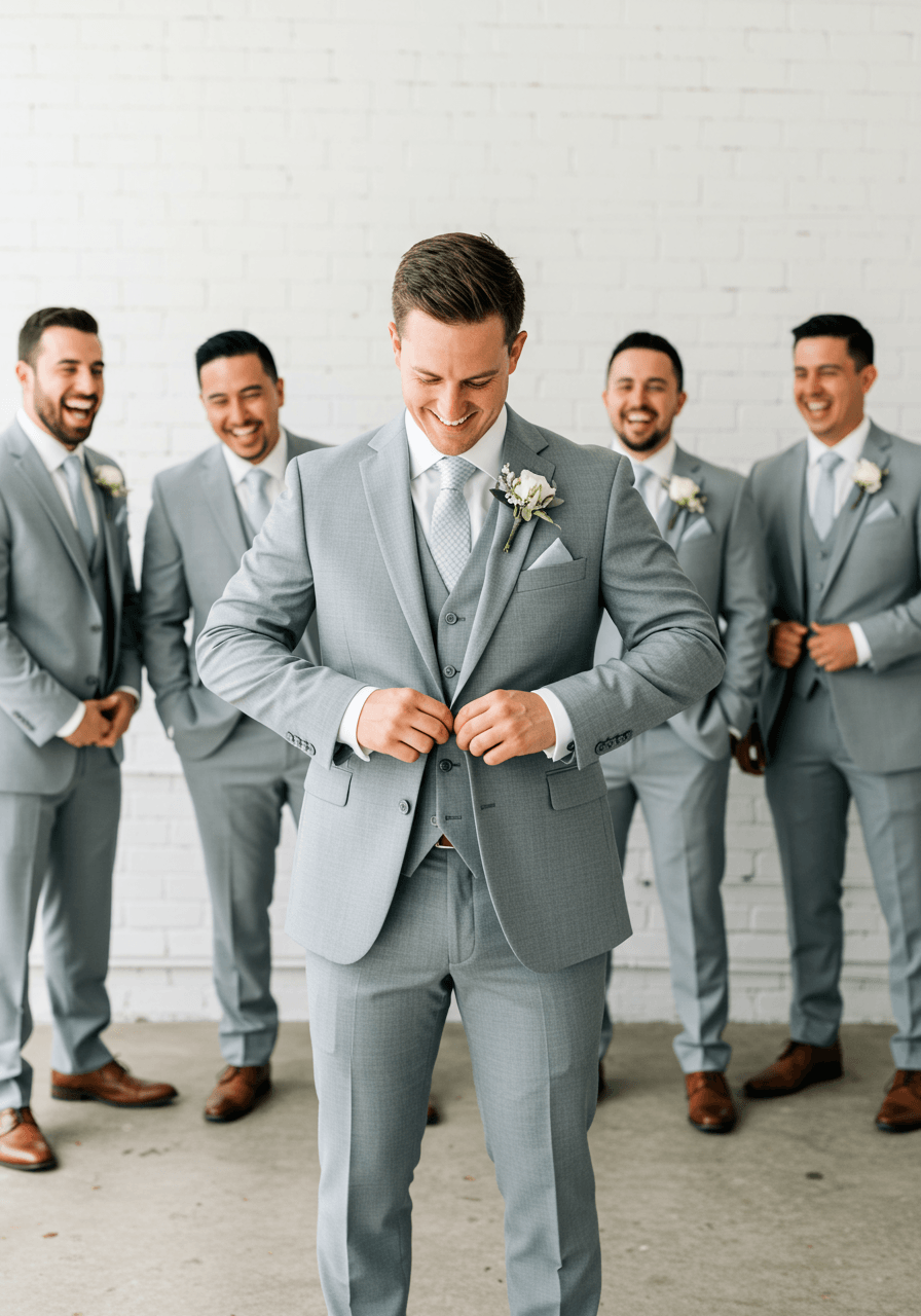 Groom buttoning light grey suit jacket whilst groomsmen laugh together in matching ensembles against white brick wall