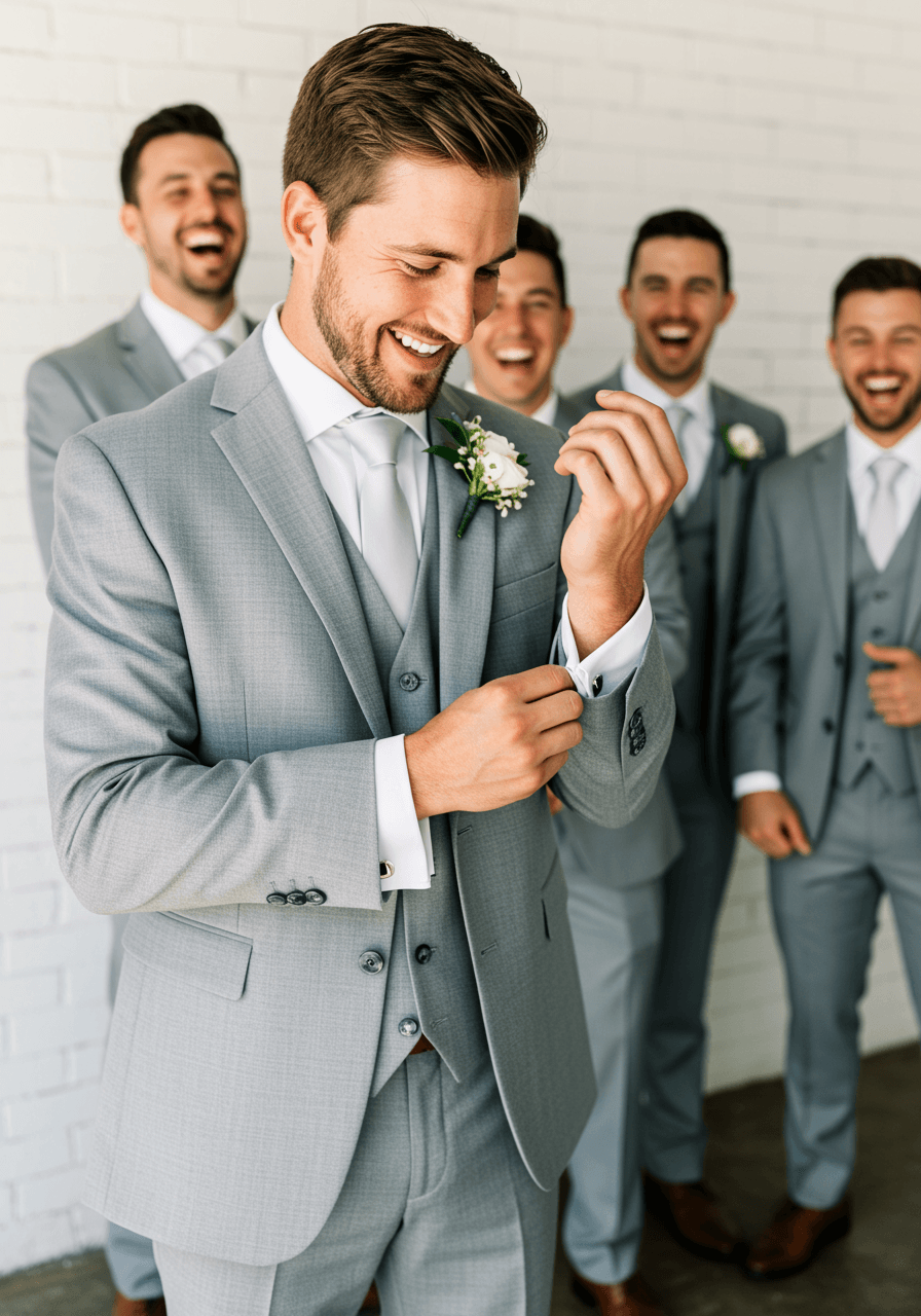 Candid moment of groomsmen sharing laughter whilst wearing coordinated light grey three-piece suits in bright daylight