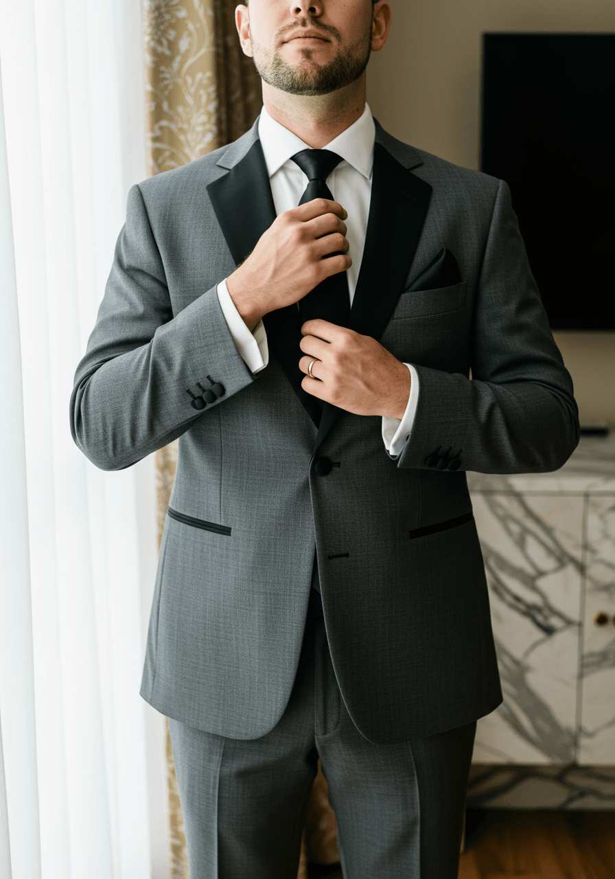 Groom adjusting black silk tie wearing sophisticated gunmetal grey suit with sharp black satin lapels in elegant hotel suite