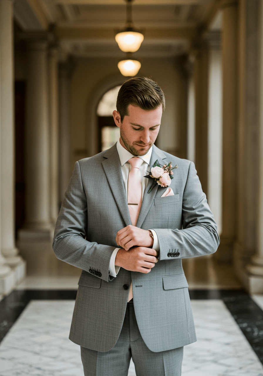 Groom adjusting jacket cufflinks wearing silver grey wool suit with blush pink boutonniere in marble hotel lobby