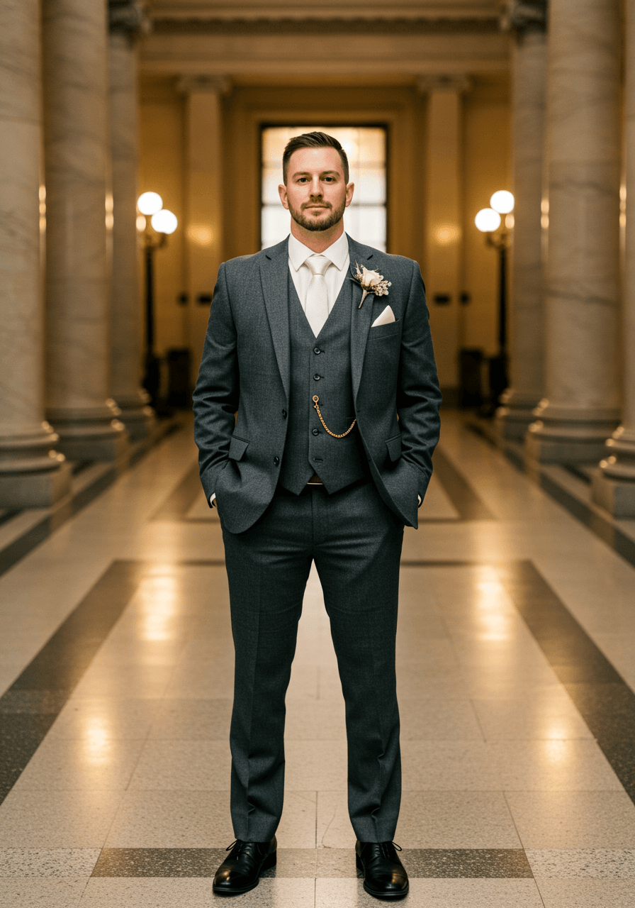 Groom in storm grey wool suit displaying vintage gold pocket watch chain in grand marble courthouse lobby
