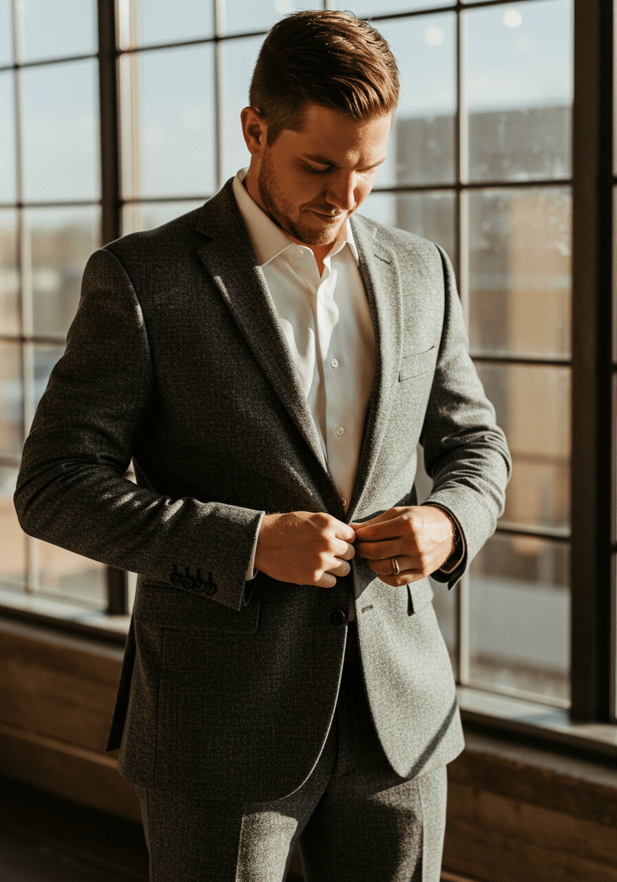 Groom buttoning heather grey textured suit jacket with cognac leather suspenders in modern industrial venue with floor-to-ceiling windows