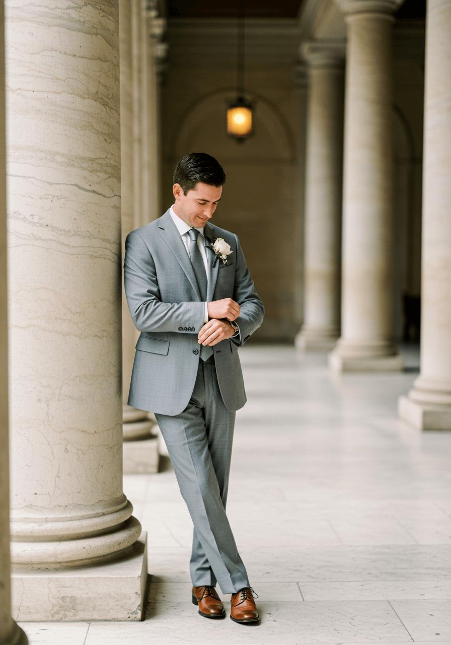 Groom adjusting jacket cuff wearing pearl grey wool suit with ivory rose boutonniere in classic museum courtyard