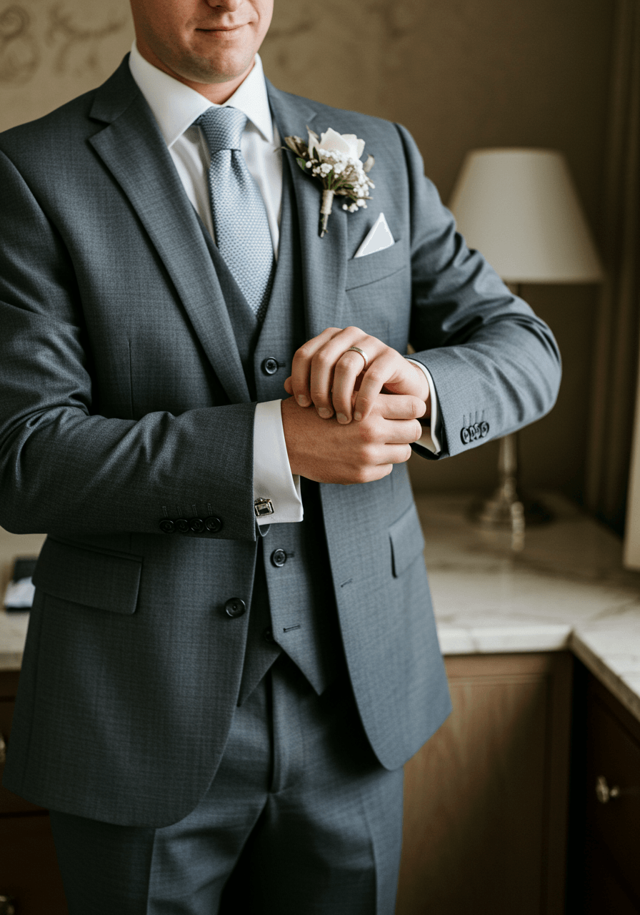 Groom adjusting jacket cuff wearing pewter grey three-piece suit with gleaming crystal cufflinks in elegant hotel suite