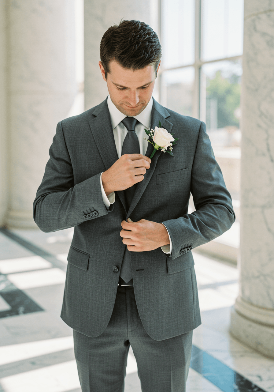 Groom carefully adjusting white rose boutonniere on graphite grey wool suit lapel in elegant marble hotel lobby