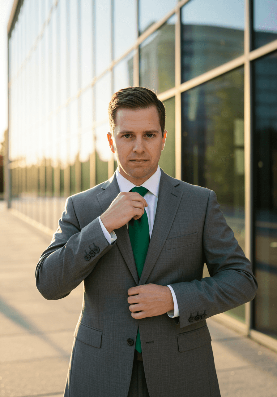 Groom adjusting emerald green silk tie wearing steel grey wool suit against modern glass building during golden hour