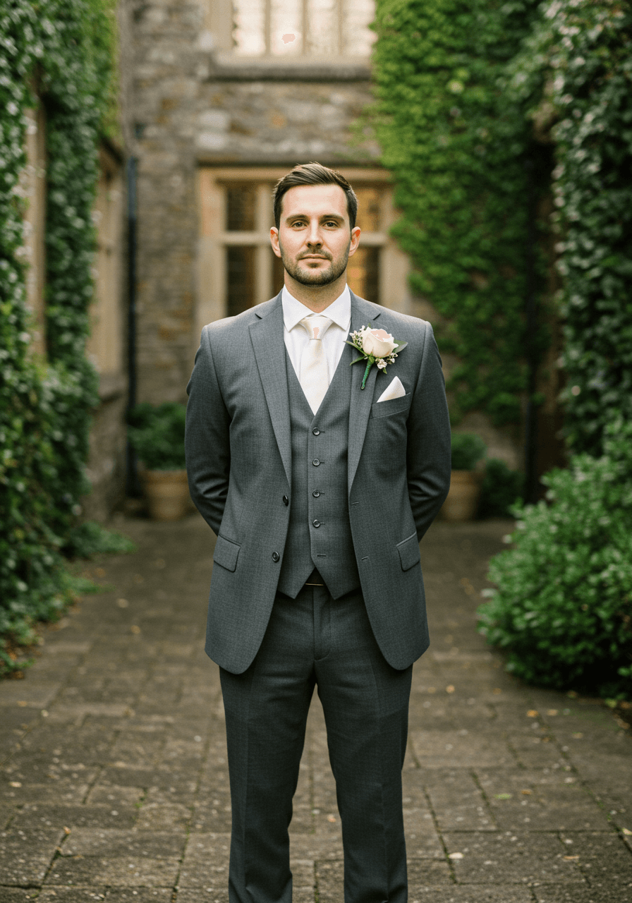 Groom in tailored graphite grey three-piece suit with white rose boutonniere standing confidently in classic stone courtyard during golden hour