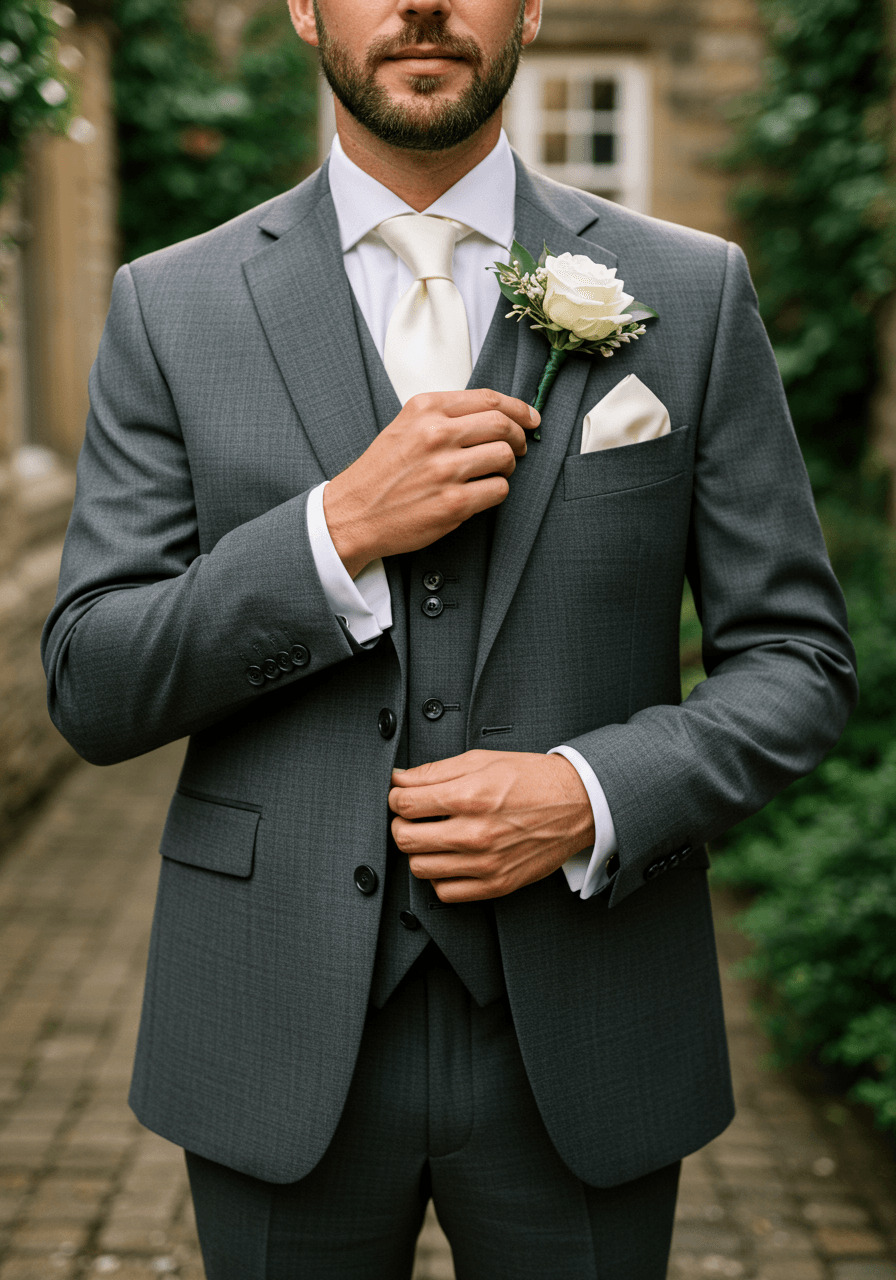 Close-up detail of white rose boutonniere and peak lapels on graphite grey suit jacket in ivy-covered courtyard setting