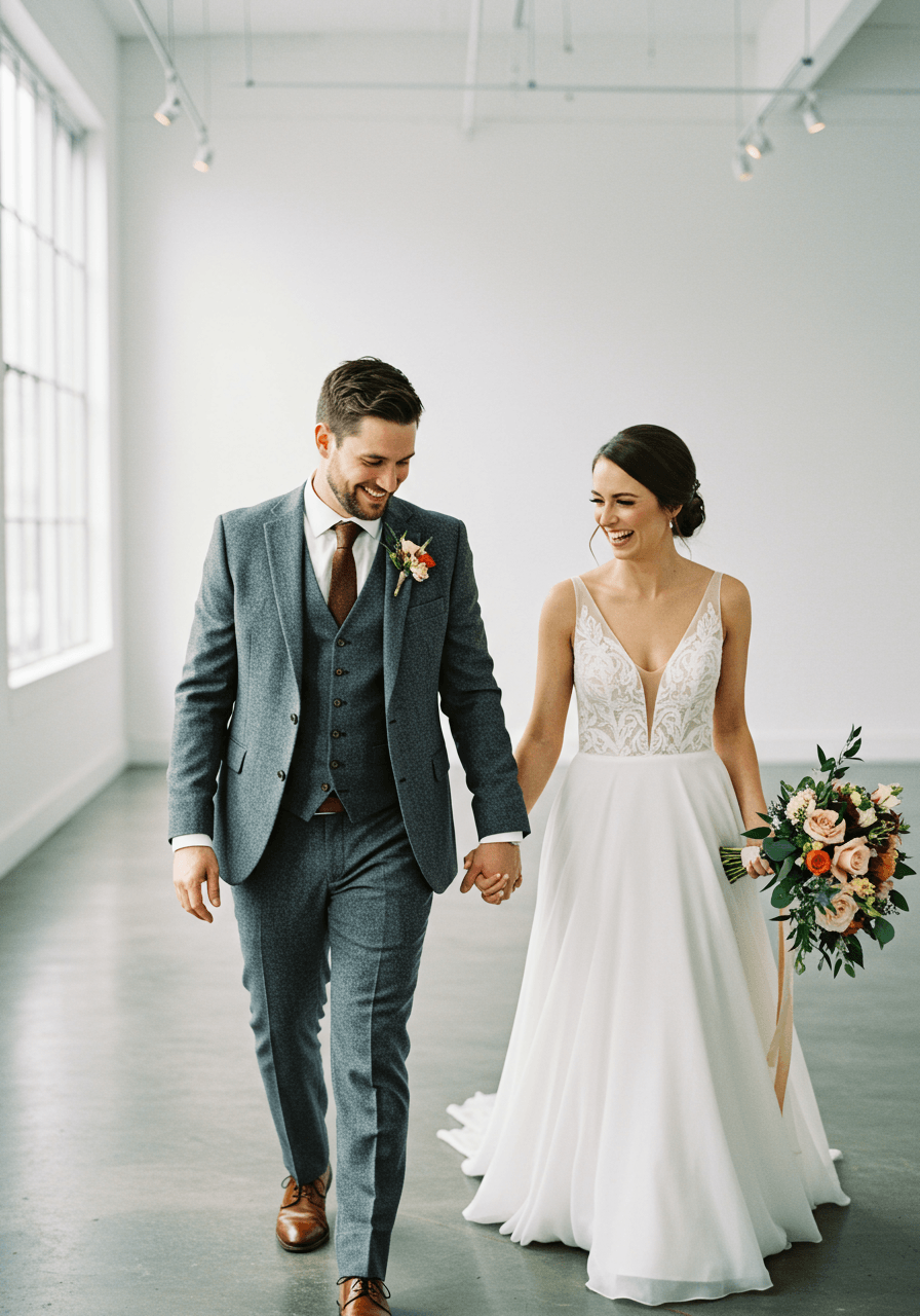 Close-up intimate moment of couple in minimalist gallery setting with focus on groom's heather grey suit and leather suspenders
