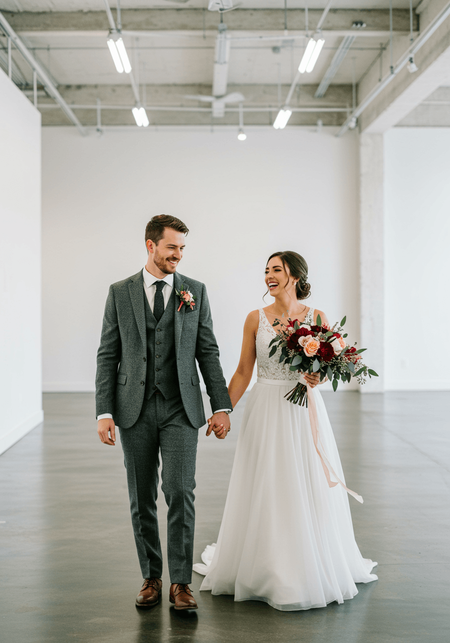Bride and groom sharing intimate laugh in modern gallery space with groom wearing heather grey three-piece suit with vintage suspenders