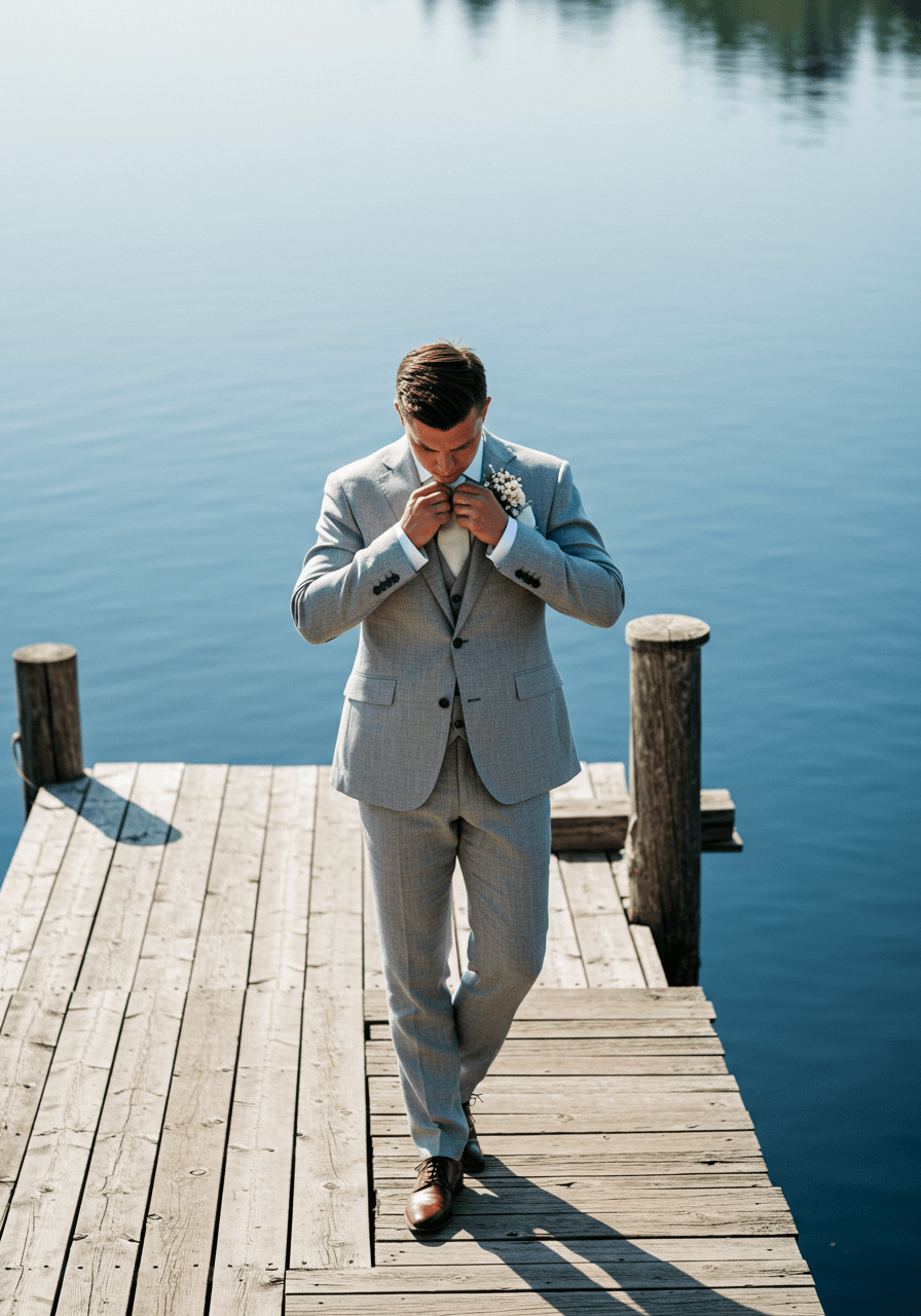 Detail shot of groom's collar and boutonniere against dove grey linen suit fabric with lake backdrop in soft morning light