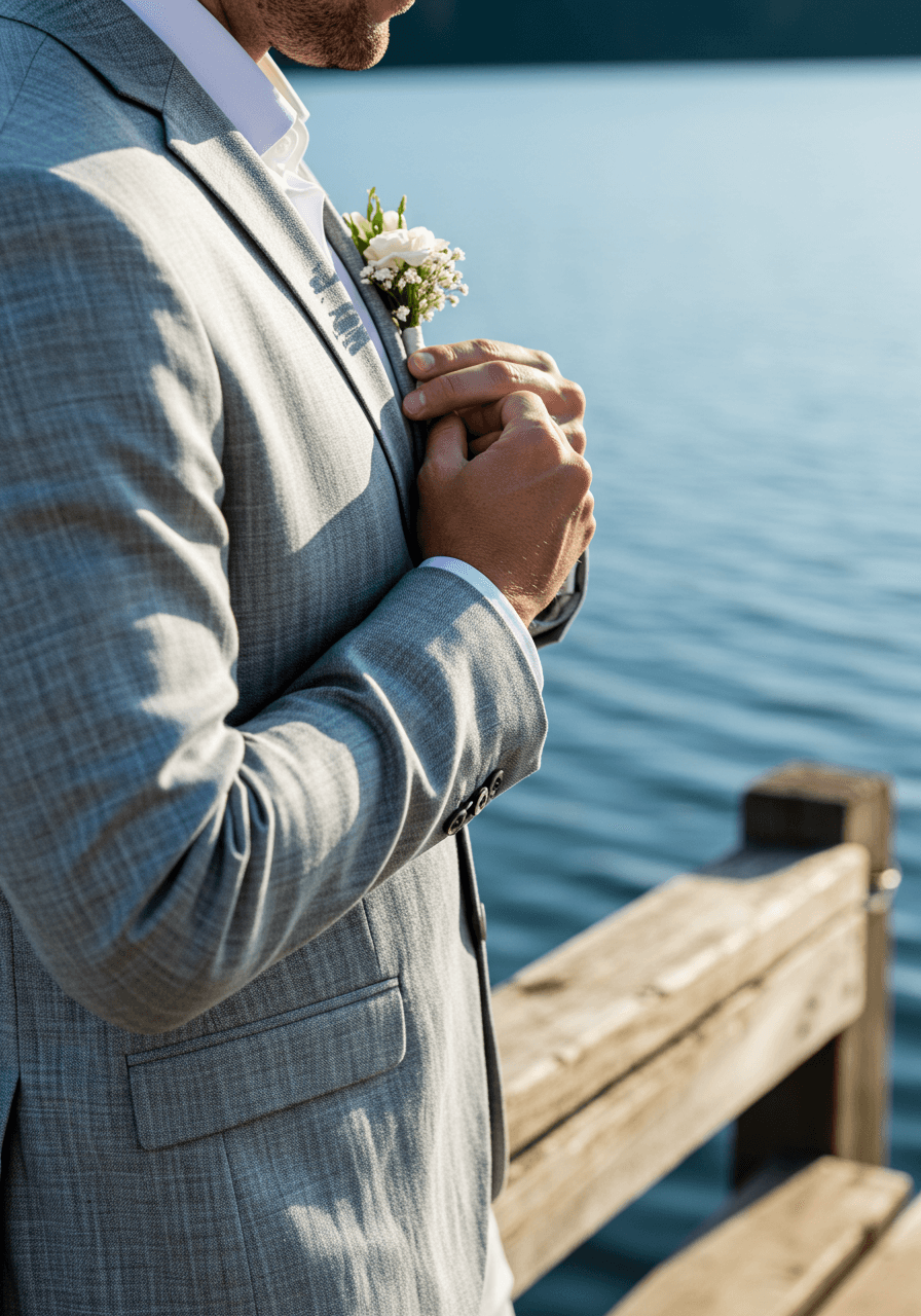 Groom adjusting white boutonniere whilst leaning against wooden dock overlooking serene lake in dove grey linen suit