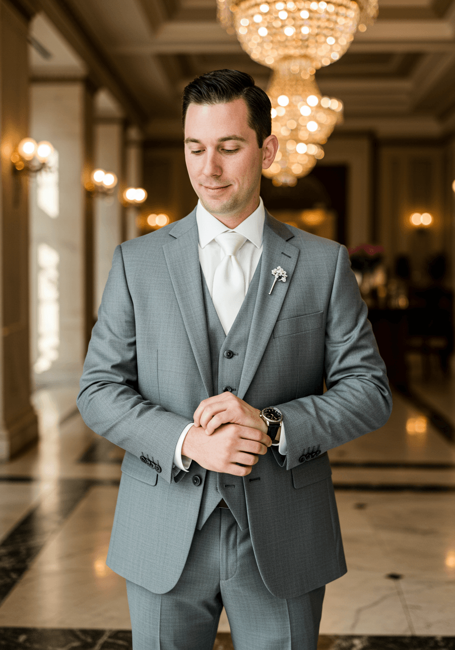 Groom adjusting cufflinks wearing platinum grey three-piece suit with sparkling diamond tie pin in opulent marble hotel lobby