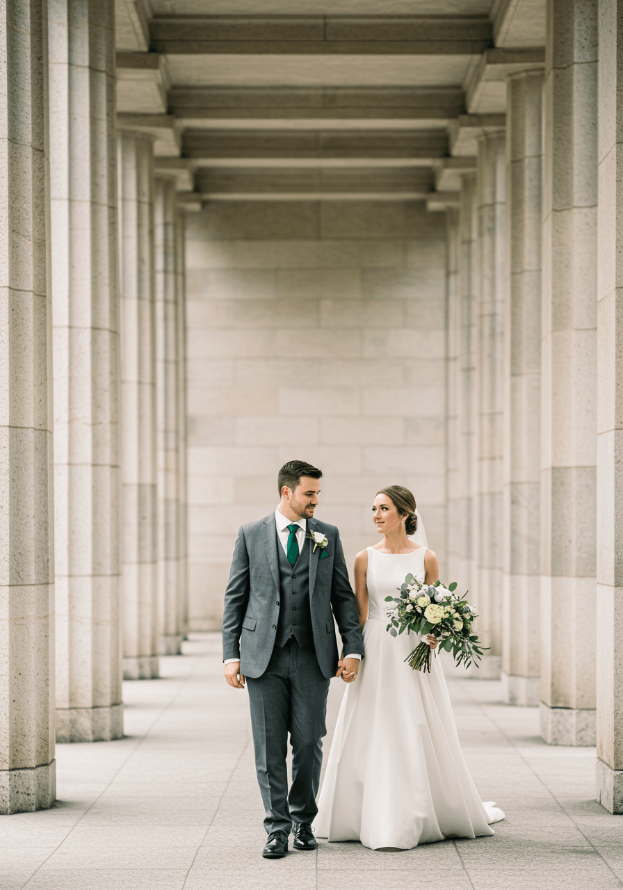Bride and groom sharing quiet moment walking through minimalist stone courtyard with groom in steel grey three-piece suit