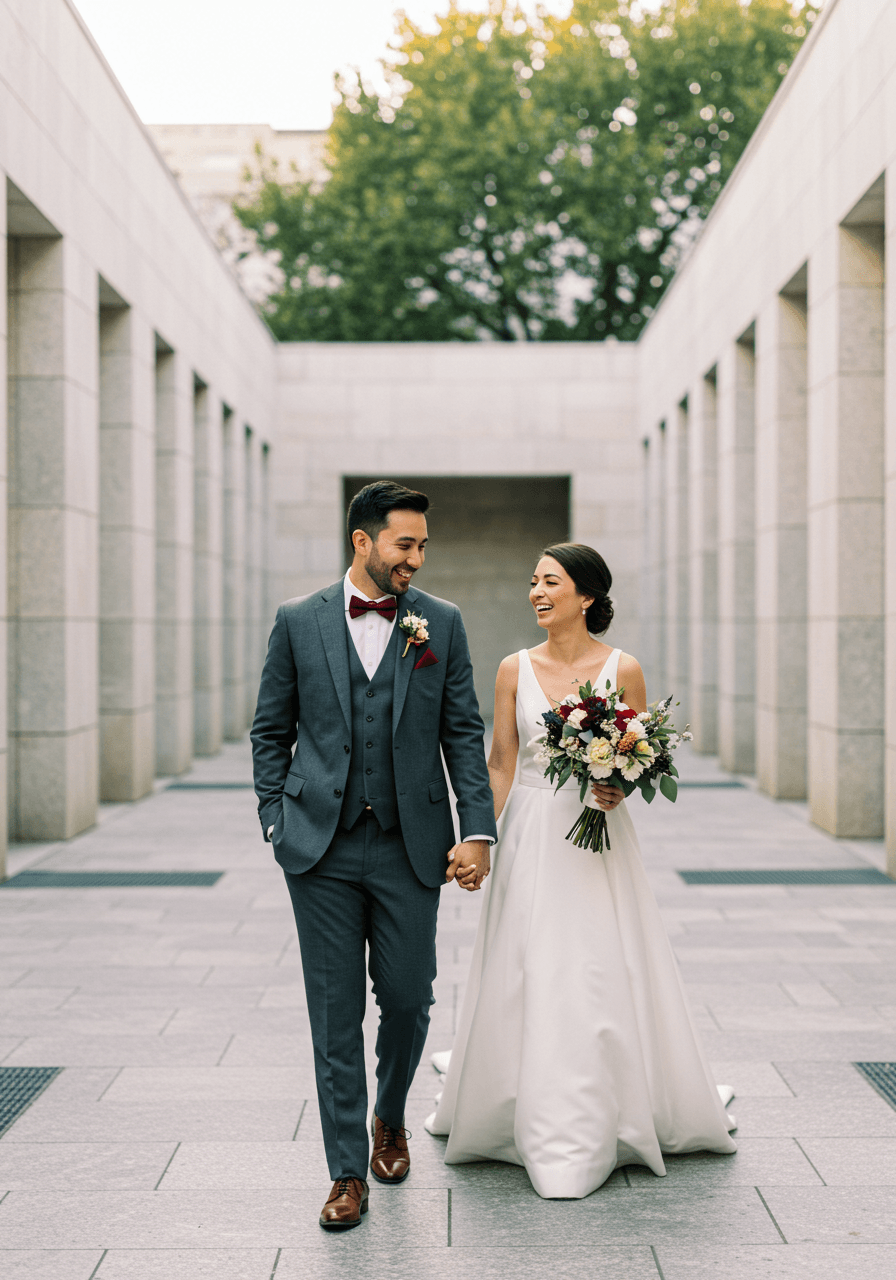 Bride and groom sharing quiet laugh whilst walking hand-in-hand through minimalist architectural courtyard during evening light