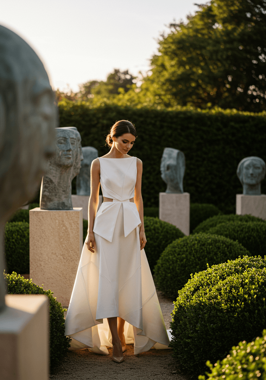 Bride in architectural mikado midi dress with geometric cutouts posing among contemporary stone sculptures during golden hour