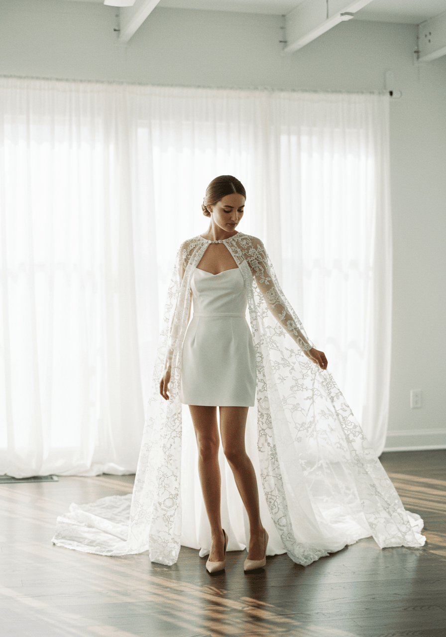 Bride in structured satin mini dress with ornate beaded cape pooling dramatically around feet in contemporary space with large windows