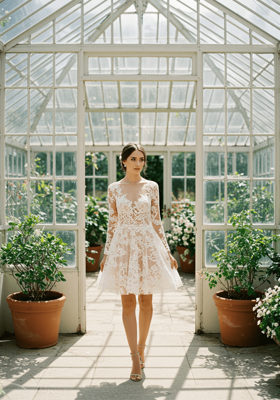 Bride in intricate long-sleeved lace mini wedding dress with delicate floral patterns in sunlit garden conservatory