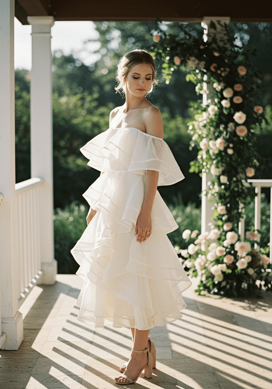 Bride in off-the-shoulder midi dress with cascading ruffles along neckline standing in sunlit garden pavilion