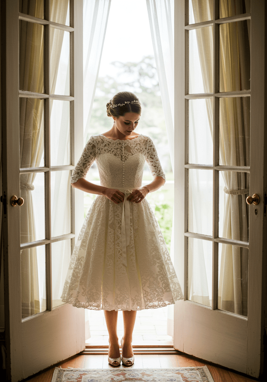 Detailed view of bride in delicate floral lace tea-length dress with pearl buttons beside ornate French door architecture