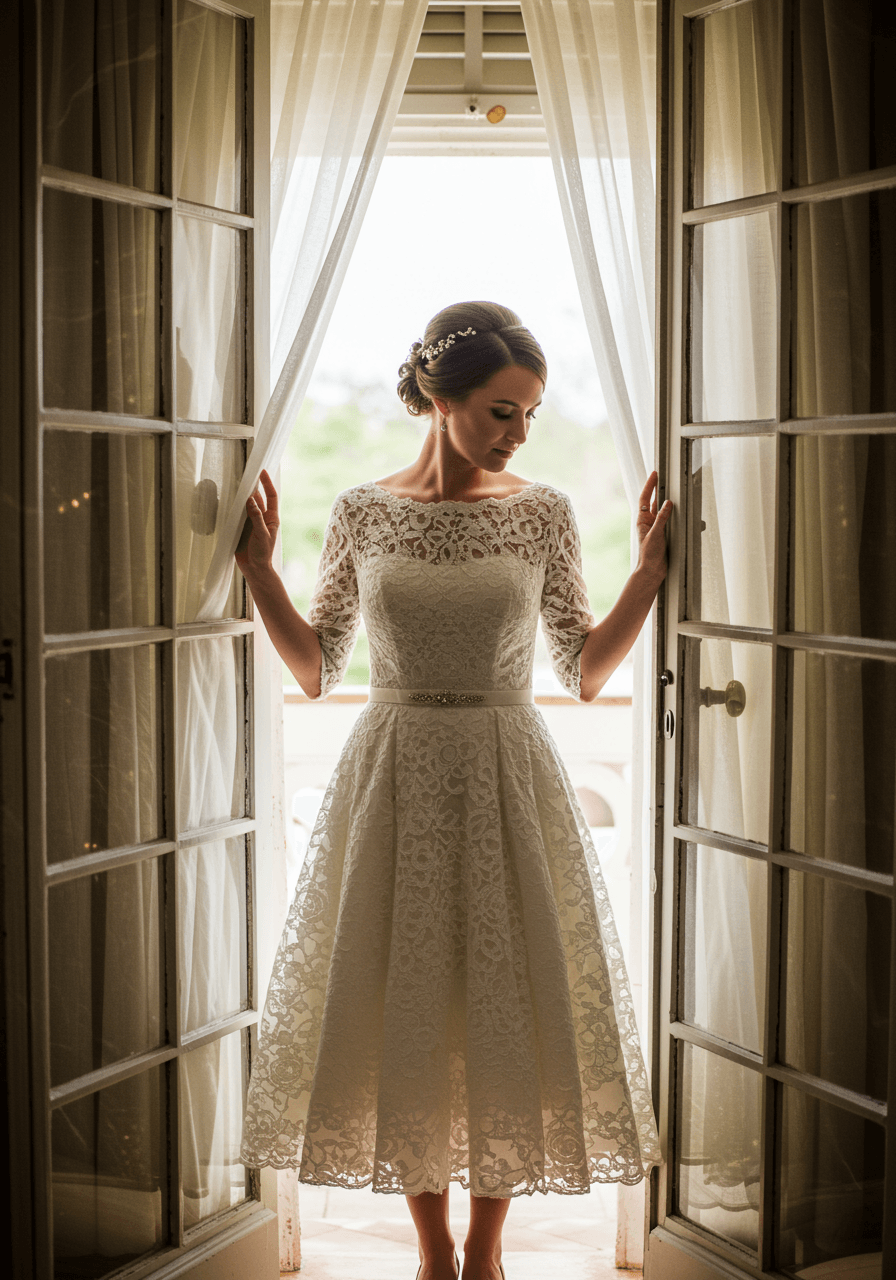 Bride in Chantilly lace tea-length dress with three-quarter sleeves posed elegantly beside vintage French doors during golden hour