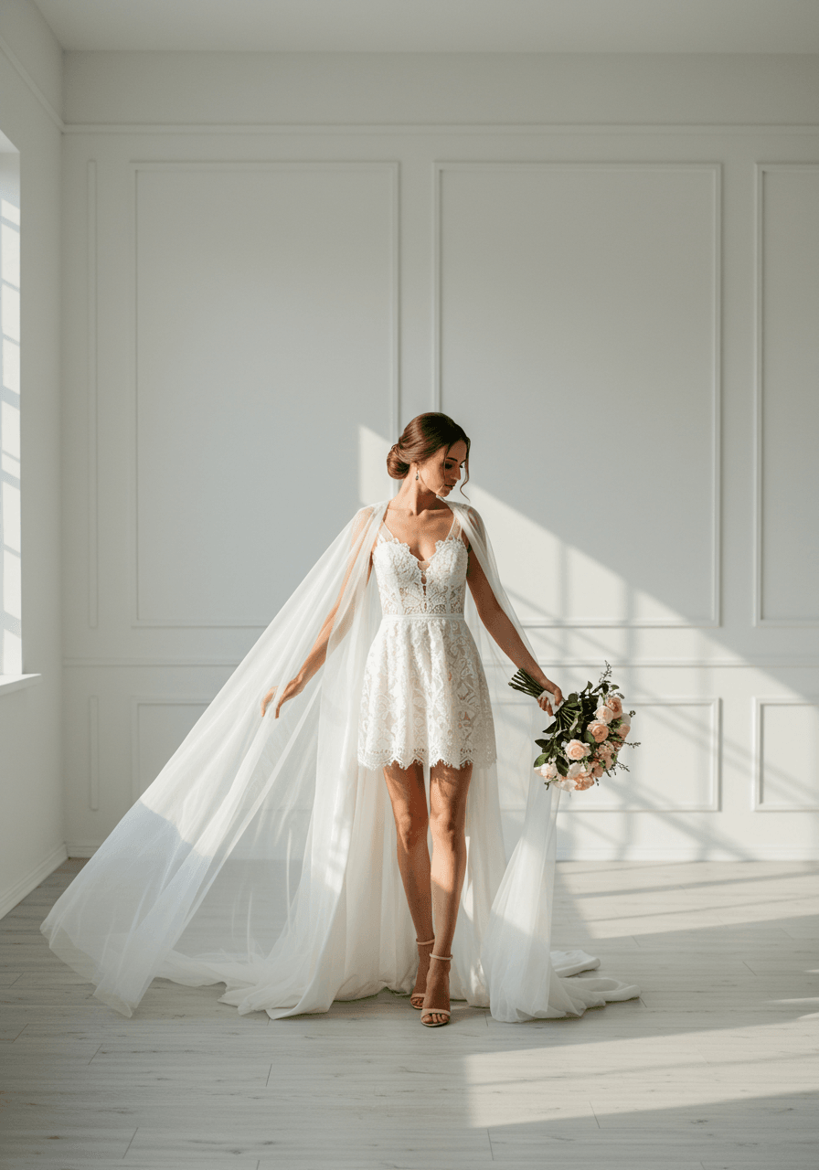 Bride in ivory silk mini wedding dress with intricate lace details and dramatic detachable cape in minimalist studio with golden hour lighting