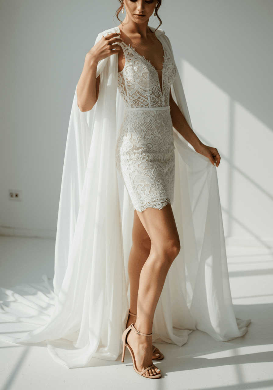 Close-up of bride adjusting flowing tulle cape attached to chic mini wedding dress in soft studio lighting