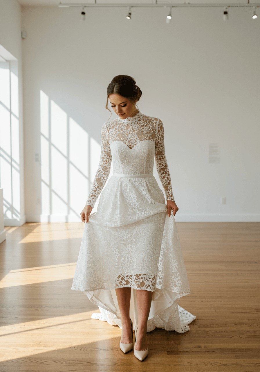 Bride adjusting hem of elegant midi dress in sophisticated gallery setting with clean white walls