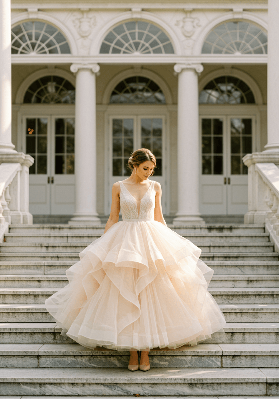 Bride in ballerina-inspired midi dress with cascading tulle layers on marble steps of classical conservatory during golden hour