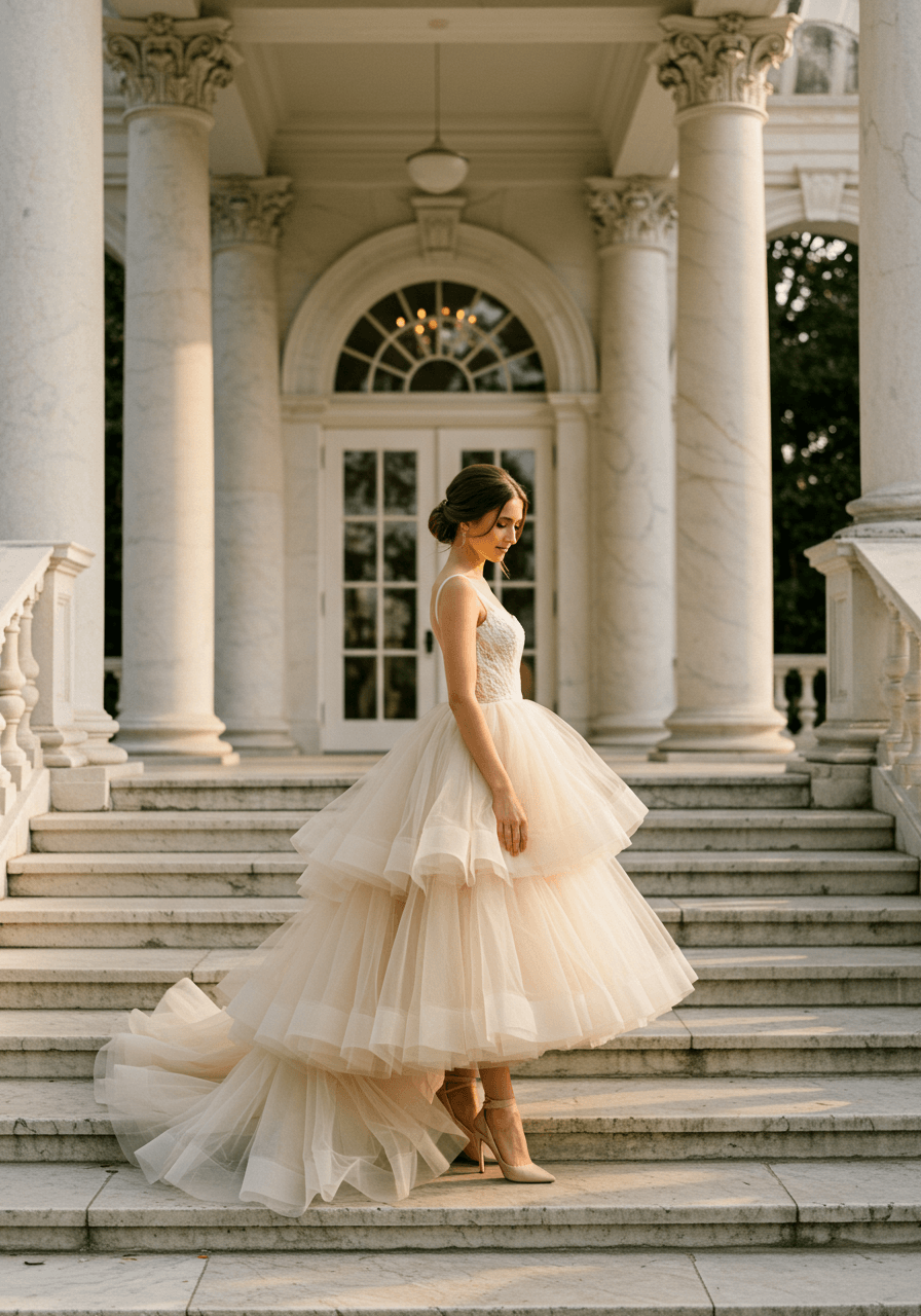 Profile view of bride in layered tulle dress against classical conservatory columns with ornate architectural details