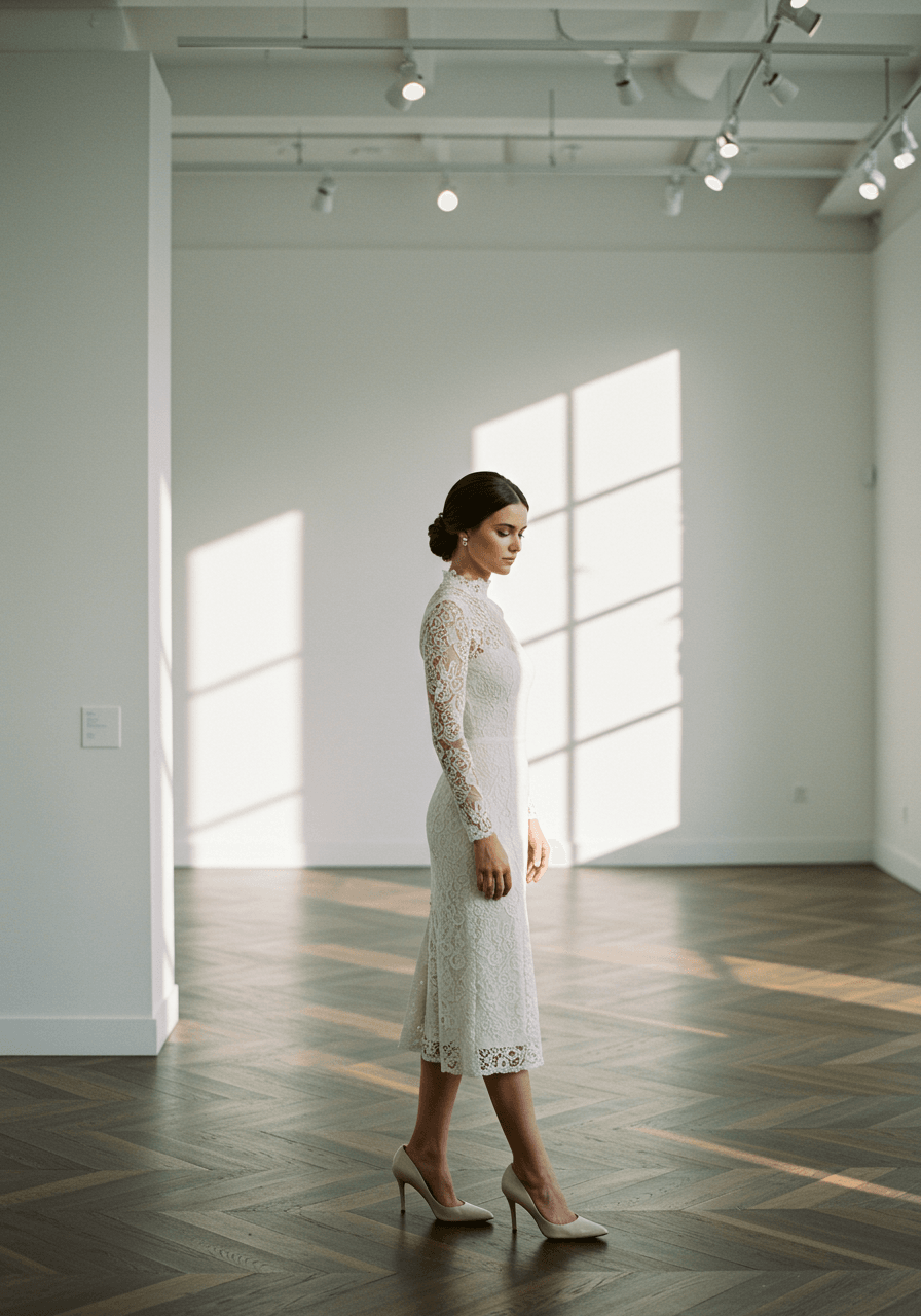 Bride in sophisticated high-neck midi wedding dress with long sleeves and delicate lace detailing in minimalist art gallery