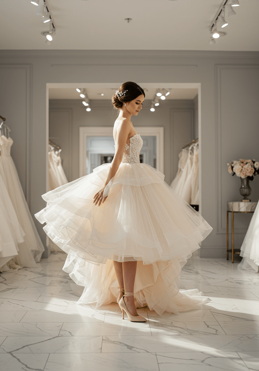 Bride in tea-length wedding dress with ethereal multi-layered tulle skirt in elegant bridal boutique with white marble floors