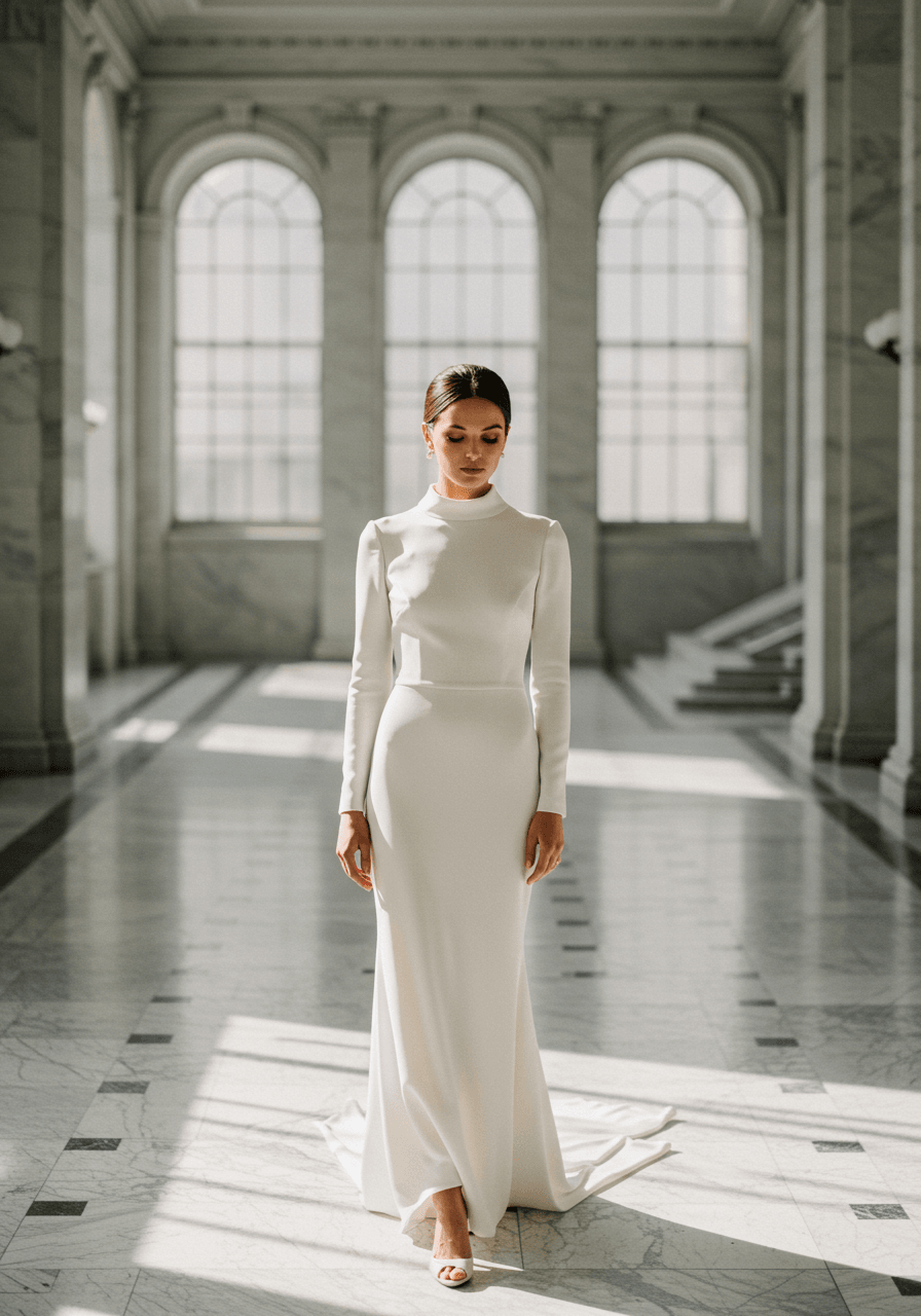 Bride in sophisticated high-neck midi dress in champagne crepe standing in elegant marble atrium with tall windows