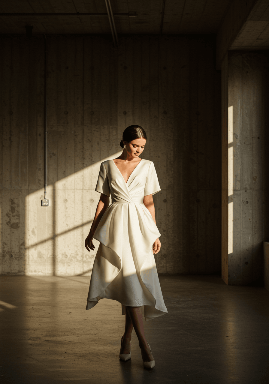 Bride in mikado midi dress with origami-inspired folds in contemporary loft space with exposed concrete walls