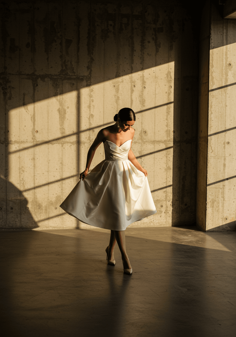 Elevated architectural view of bride in structured mikado dress with sculptural bow details in industrial concrete loft