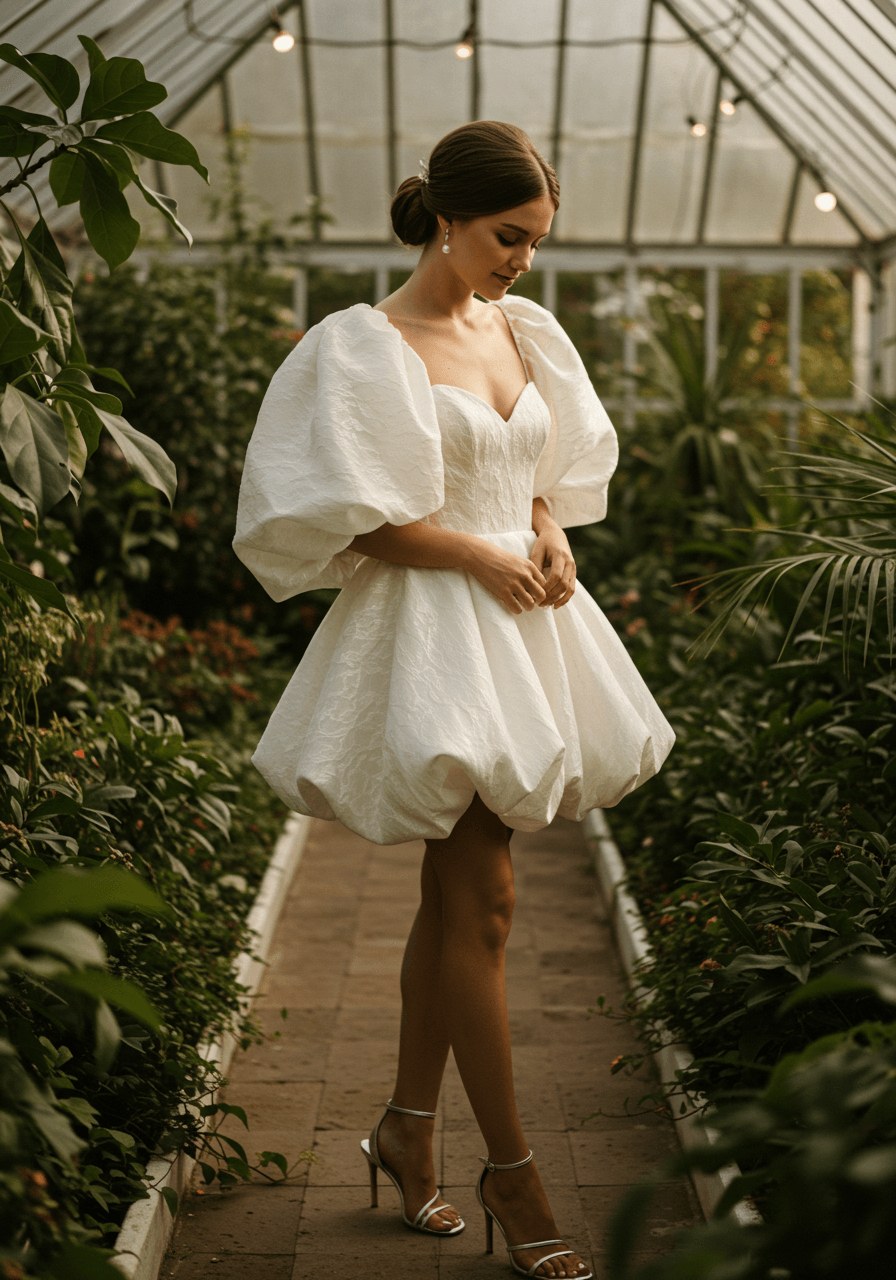 Bride in elegant mini dress with oversized sculptural puff sleeves in airy conservatory with botanical elements during golden hour