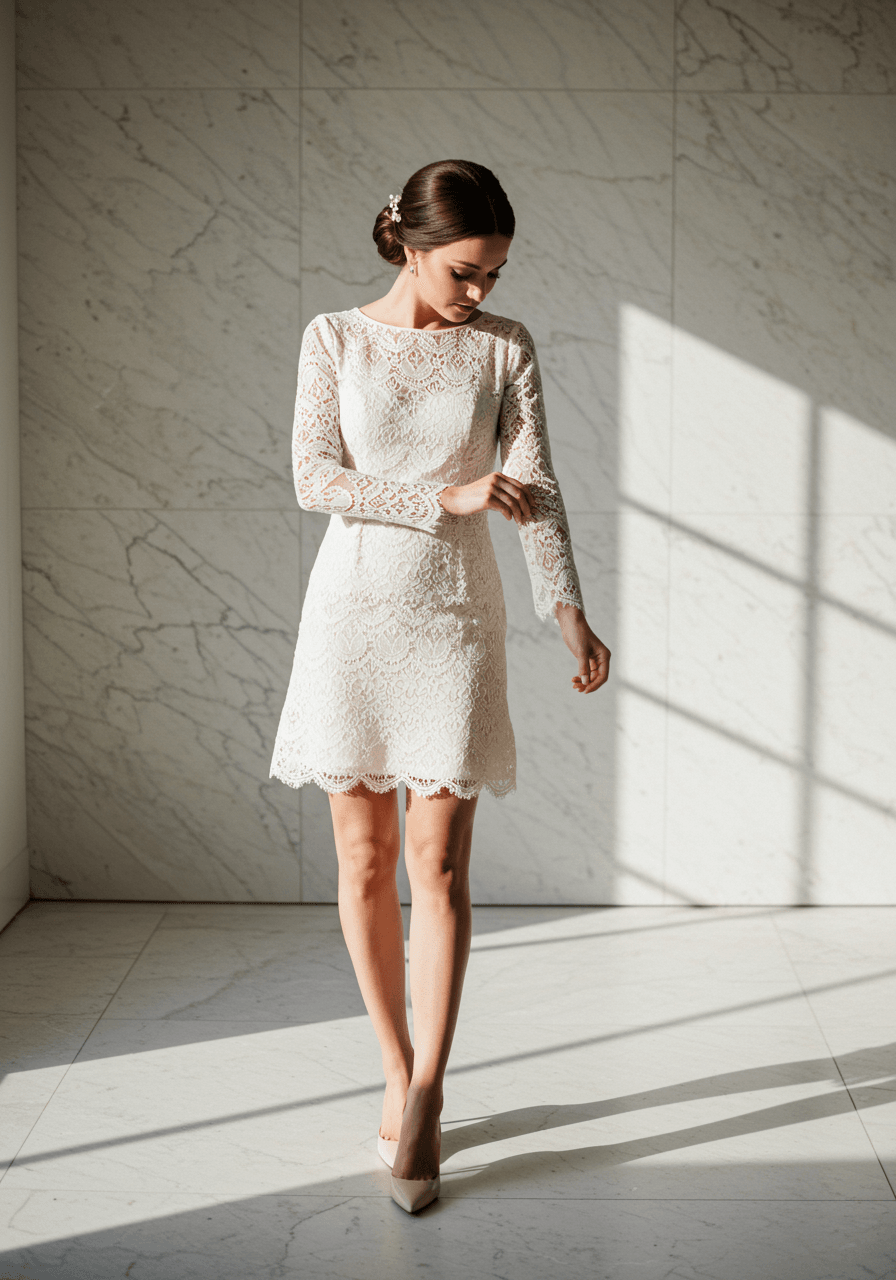 Wide shot of bride in Chantilly lace mini dress with pearl button details in elegant marble setting