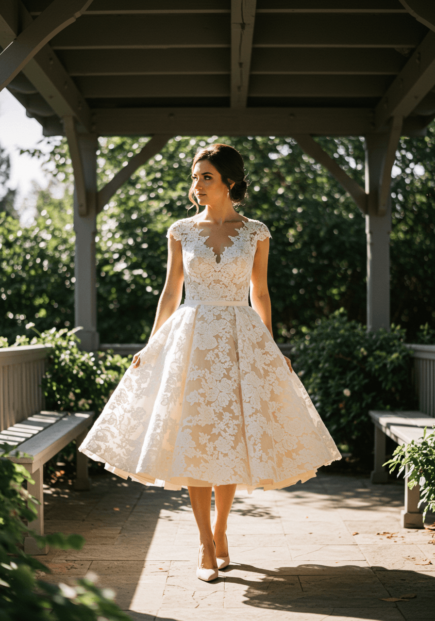 Portrait of bride in floral lace tea-length dress with scalloped hemline posed beside vintage pavilion architecture