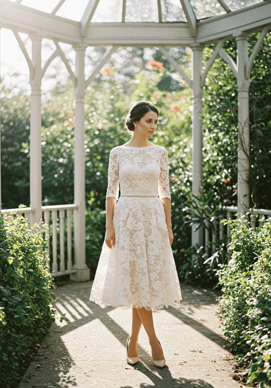 Bride in tea-length wedding dress with intricate floral lace overlay standing gracefully in sunlit garden pavilion during late afternoon