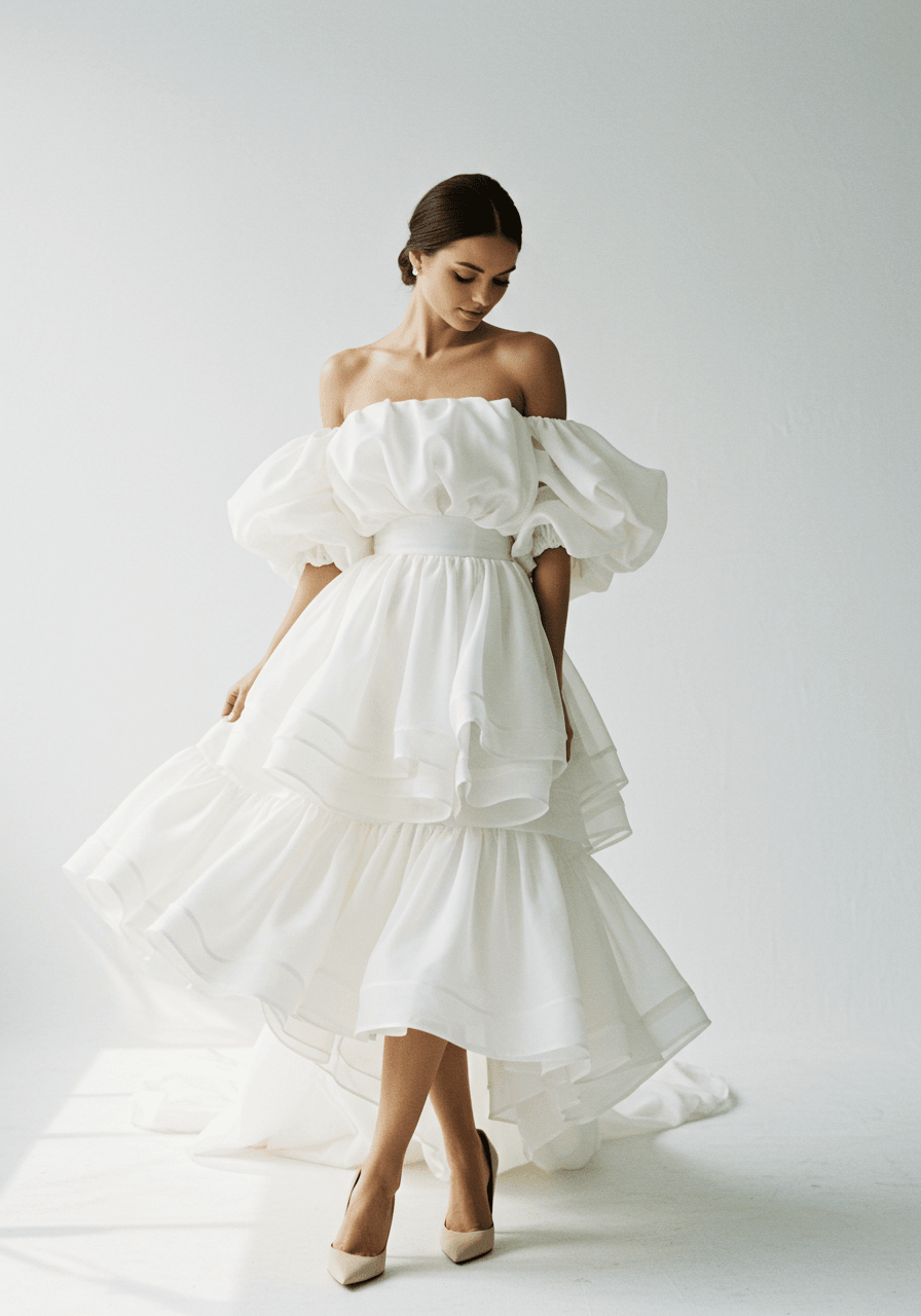 Bride in off-the-shoulder midi dress with dramatic tiered ruffles across bodice in minimalist studio setting