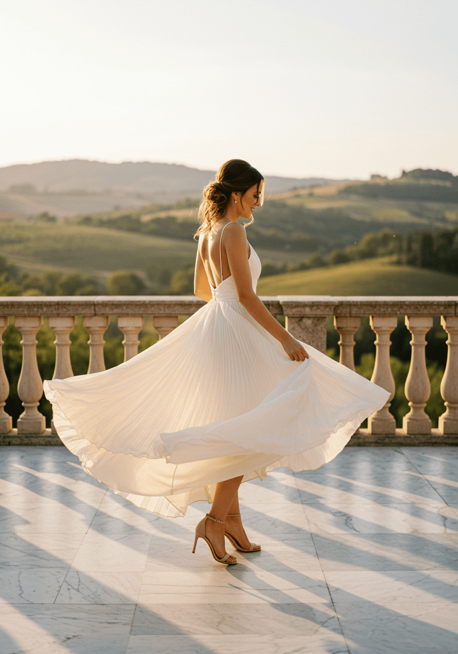 Bride twirling in ivory tea-length gown with cascading accordion pleats on marble terrace overlooking rolling hills during golden hour